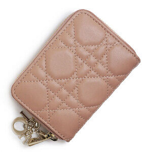 Christian Dior Lady VOYAGEUR Zip Wallet Cannage Lambskin Rose Pink Beige